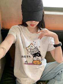 日式风格女士休闲圆领宽松卡通印花短袖T恤春夏季