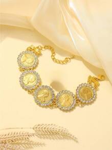 1pc Women's Gold Plated Turkish Coin Bracelet, Rhinestone Embellished, Middle Eastern Dubai Style Charm Bracelet, Wedding Jewelry Gift