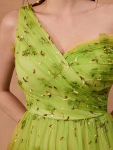 Romantic Elegant 3D Floral Embroidery Mesh Bridesmaid Dress - Olive Green - View 4