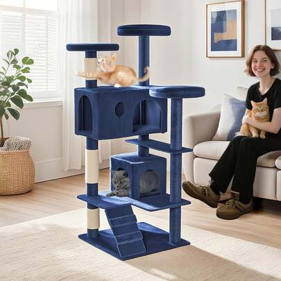 LILIIN Cat Tree Type A 130 Cm Cat Tree Climbing Tower With Soft Plush, Sisal-Wrapped Scratching Posts, Cat Cave And Platforms, Cat Scratching Post Cat House For Large And Small Cats, Blue-Grey/Light Grey/Beige