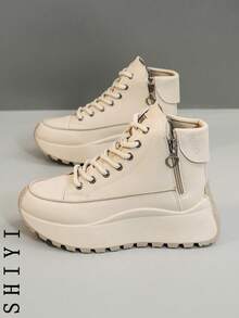 [Thick Sole & Tall Series] 2025 Spring Break New Women's Casual Shoes, Thick-Sole Shoes, White Sneakers, Comfortable Sports Shoes, 6cm Height Increase, Party Shoes Suitable For Petite Women, Sports Style, Solid Color, Preppy, Holiday, Neutral Fashion, Casual, Outdoor, Western, Criss-Cross, Side Zipper, Festival, Wedding, Holiday Party, Office, Outdoor