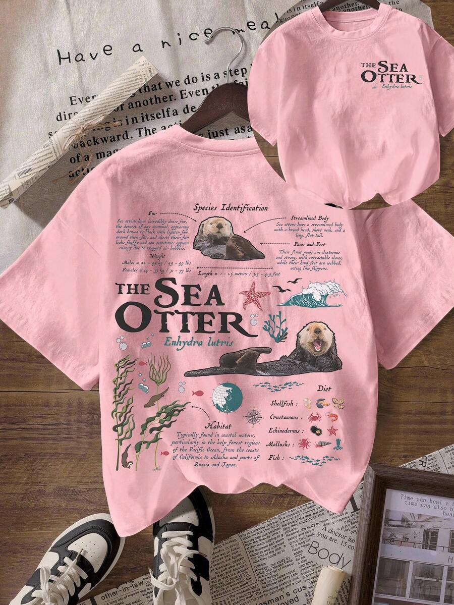 تي شيرت أكمام قصيرة بياقة مستديرة كاجوال مستوحى من الغرافيك الفيكتوري لسمور البحر