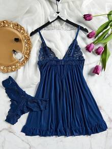 2 piezas Camisola de mujer sexy con escote en V y encaje, adecuada para usar en casa y ropa íntima, rave