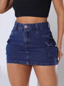 Falda cargo  Liso    Casual  Fiesta    Cremallera  Bolsillo  Botón - Azul - Ver 1