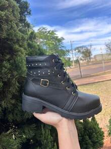 Women's Tractor Boot Low Block Heel Short Shaft Buckle Detail Application Modern Soft Comfortable - 黑色 - 查看 4