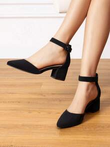 Wide Fit Women's Ankle Strap Low Heel Pumps Solid Color Elegant Formal Wedding Shoes - màu đen - Xem 1