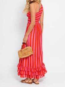 Off The Shoulder Elastic Waist Ruffle Dress, Elegant Cocktail Party Wedding Guest Gown, Spring/Summer New Arrival - Pink - View 1