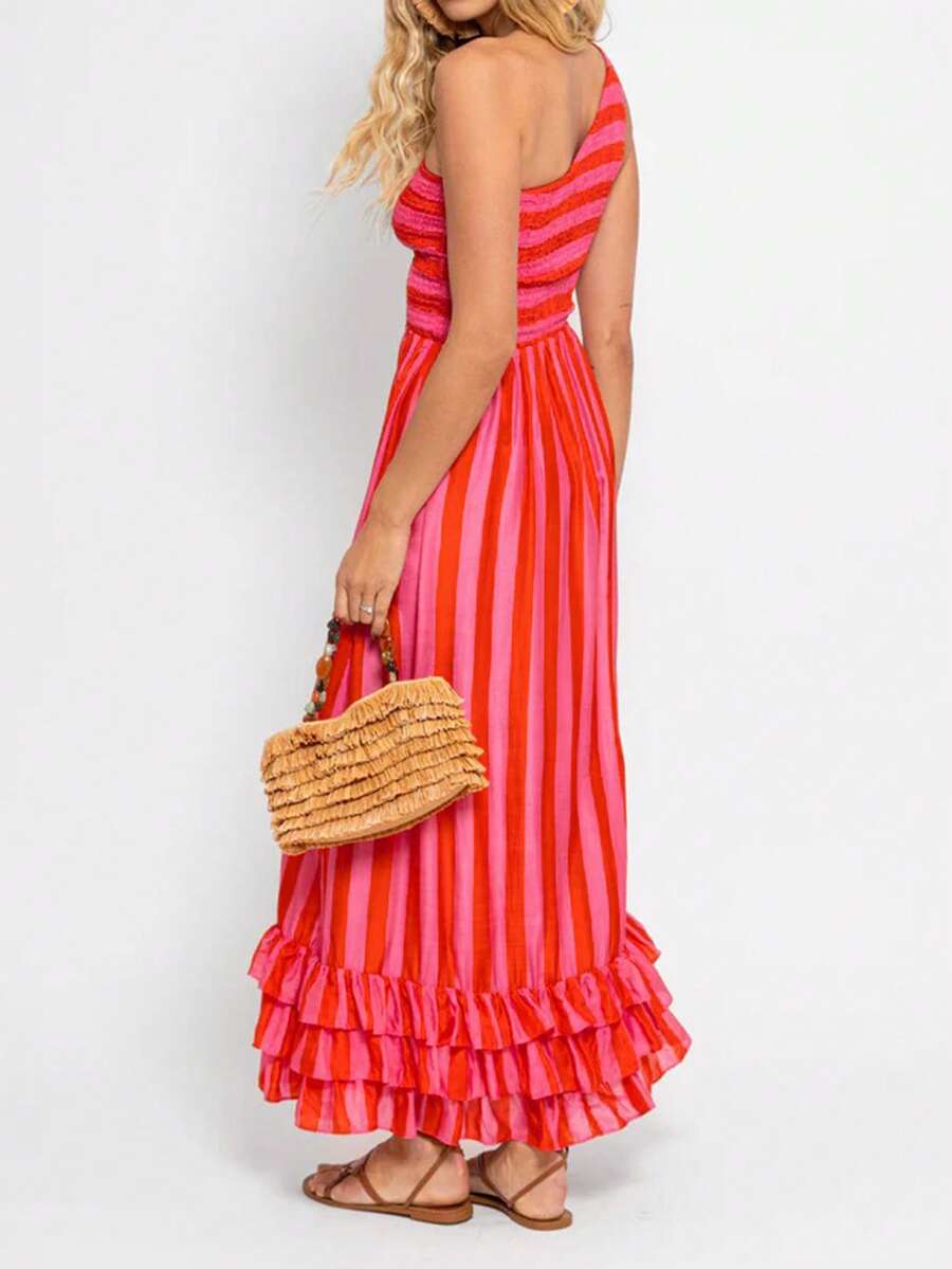 Off The Shoulder Elastic Waist Ruffle Dress, Elegant Cocktail Party Wedding Guest Gown, Spring/Summer New Arrival - Pink - View 1