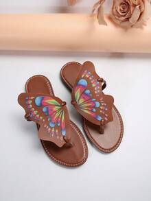 女士印花蝴蝶舒适平底拖鞋，时尚简约设计休闲百搭沙滩鞋
