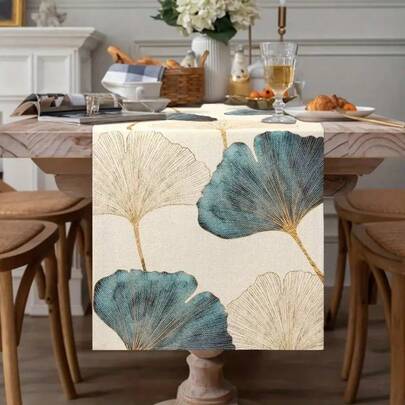 Paño rectangular de 91cm x 183cm de fibra de poliéster y lino con estampado abstracto azul-verde y dorado de hojas de ginkgo y flores, adecuado como mantel, bandera de mesa, individual, posavasos y decoración para uso diario, festivales, bodas, cumpleaños, regalos, decoración de mesa cristiana, fiestas familiares, reuniones de empresa en restaurantes
