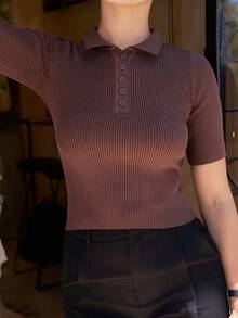 Andrea Bello Women's Short Sleeve Polo Neck Half-Zip Knitted Sweater Summer - Coffee Brown - View 5