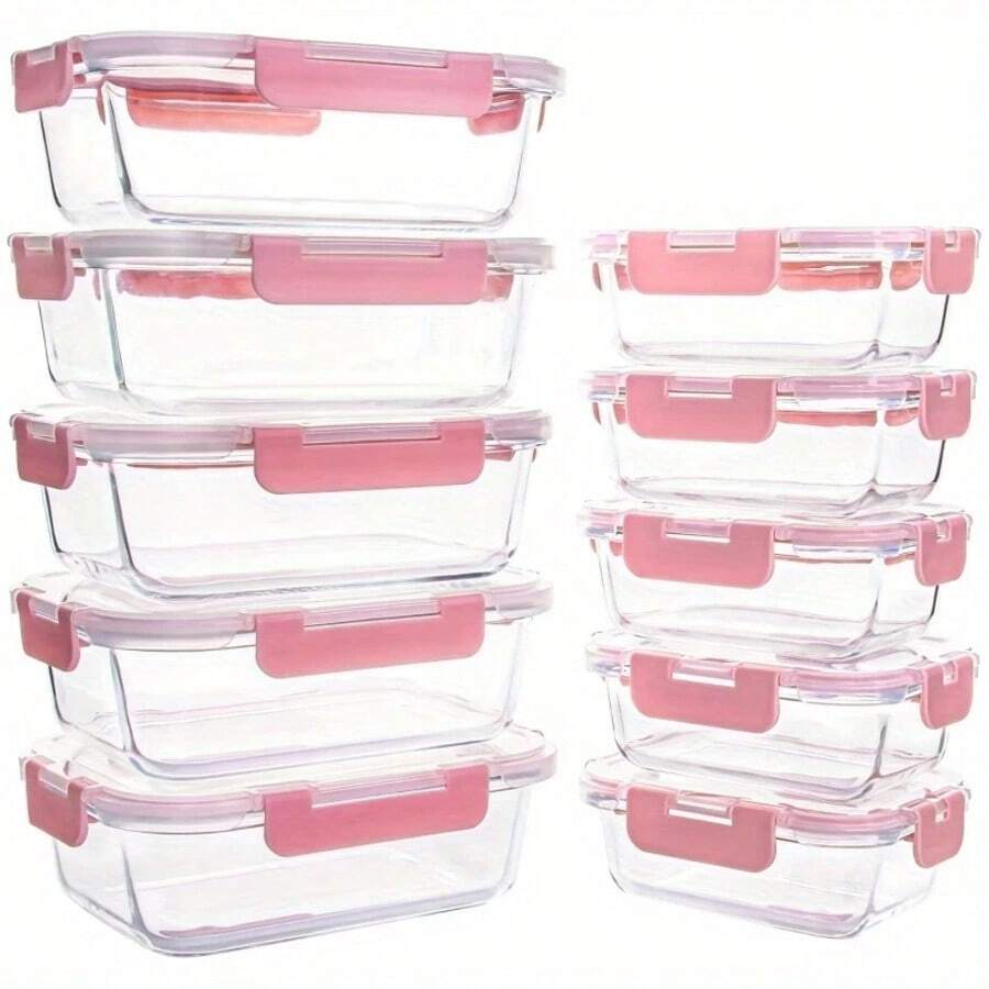 10-Pcs High Borosilicate Glass Food Storage Set (5x38oz+5x14oz) - Pink. Airtight, Leakproof. Oven, Microwave, Dishwasher & Freezer . Ideal For Meal Prep & Entertaining - 西瓜粉 - 查看 1