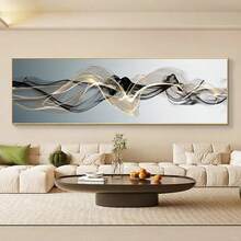 1 件抽象丝带帆布墙画，黑色和金色几何图案，现代装饰艺术品，无框，拉伸帆布，预粘合，矩形，适用于北欧风格客厅和办公室装饰