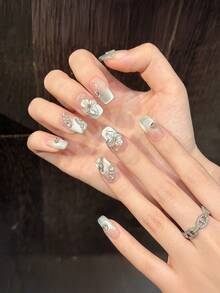 YADORNOS 10 件薄荷绿 3D 浮雕花卉猫眼手工指甲亚克力按压指甲夏季指甲甜美可爱花朵水钻装饰中长棺材/椭圆形/方形法式假指甲全覆盖指甲尖带果冻胶和指甲锉，DIY 美甲用品 - 薄荷綠 - 查看 14