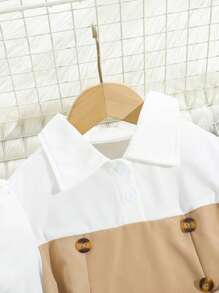Set casual pentru fete, 2 piese, top cu guler cu nasturi, mânecă scurtă, color block, și pantaloni evazați minimalisti, ținută de primăvară/vară, potrivită pentru exterior, ținute casual, cadouri, petreceri, școală, întoarcerea la școală