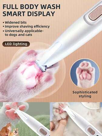 Smart Pet Hair Shaver New Pet Foot Hair Trimmer With LED Light Fully Waterproof Pet Hair Trimmer With LED Display Widen Blade Low Noise Hair Removal Inmultiple Parts Rechargeable Shaver For Toe Gap Hair Eye Hair Around Ear Hair For Cats Dogs Rabbits White