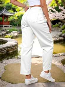 Pantalón Dama mujer joven Juvenil Moda Pierna Recta Algodón Elastano Blanco Bolsas funcionales - Blanco - Ver 3