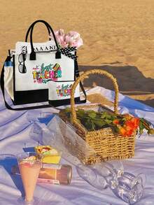 教师图案手提包带肩带和化妆包，（1个大包和2个小包），便携式休闲收纳手提包，多功能购物袋，带侧袋的个性化礼品袋，带围巾的沙滩包，适合教师，单肩包，日常使用，约会，度假，海滩，旅行，通勤，学生，母亲节礼物，教师节礼物，毕业礼物，（拉链随机）