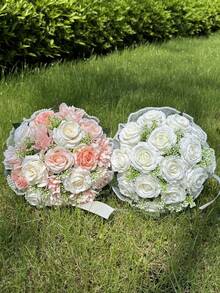 1朵新娘婚禮花束，象牙白新娘花束，人造花婚禮花束，帶絲帶伴娘花束，情人節，裝飾珍珠蕾絲網玫瑰花束