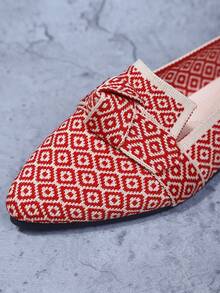 针织女士刺绣蝴蝶结平底鞋，透气针织平底鞋，优雅尖头正装鞋，条纹拼色一脚蹬休闲鞋 - 紅色 - 查看 6