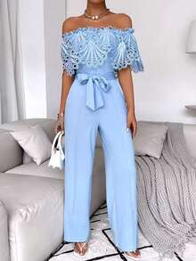 女士休闲弹力连体裤，喇叭裤腿性感高腰修身连体裤，200克梭织面料 - 藍色 - 查看 4