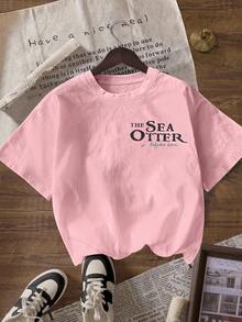 تي شيرت أكمام قصيرة بياقة مستديرة كاجوال مستوحى من الغرافيك الفيكتوري لسمور البحر