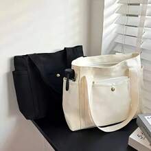 1 pieza/2 piezas Bolso de lona de gran capacidad, bolso de hombro con múltiples bolsillos, bolso de compras reutilizable, fácil de llevar con asa cómoda, para uso diario y regalos, bolso portátil para la escuela, el trabajo, los viajes y las compras