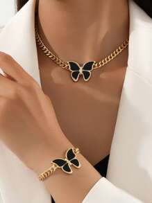 1 Set Vintage Thick Chain Butterfly Pendant Necklace & Bracelet
