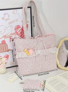 1 Bolso de hombro acolchado con monedero, Bolso de tote esponjoso con estampado floral menudo, Bolso de hombro con cremallera, Bolso corto de viaje, Bolso rosa de viaje, Bolsa de compras, Accesorio de bolso, Para viajes, trabajo y compras