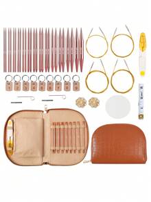 [可互换织针] Looen 49 件铝制圆形织针套装，带人体工程学手柄，可互换尺寸 13，收纳盒和配件 - 非常适合小型项目，红色、绿色、棕色，可互换织针，Looen - 彩色 - 查看 13