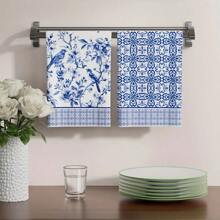 2 Pieces Set Of Kitchen Towels With Classic Retro Color Patterns Of Blue And White Porcelain, Blue And White, Soft And Absorbent Decorative Polyester Dishwashing Towels, Machine Washable, Size 40 * 60cm, Suitable For Decoration In Kitchens, Restaurants, Family Banquets And Parties, And Can Also Be Given As Gifts.