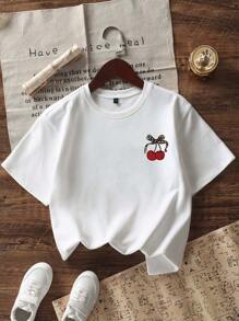 Camiseta de Manga Curta com Gola Careca e Estampa de Cereja Fofa para Meninas Pré-Adolescentes, Top de Verão