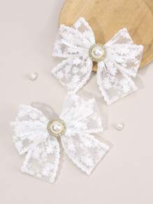 2 piezas Lazos de pelo de encaje blanco para niñas Lazos de encaje de unicolor con pinzas de cocodrilo Lazo bordado con flor Pasadores de pelo con perlas y rhinestone Elegantes pasadores de lazo para boda, vacaciones y accesorios de pelo para niños