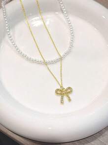 1 pièce Collier de luxe avec nœud en cristal à double couche et décoration de perles, bijou de style ras-de-cou délicat pour femmes, cadeaux