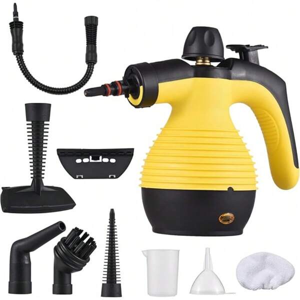 1 Stück gelber Handdampfreiniger mit 9 Zubehörteilen. Mit 350 ml Wassertank, tragbarer Dampfreiniger, vielseitig einsetzbar, perfekt zum Entfernen von Flecken in Küche, Vorhängen, Auto, Boden, Bad