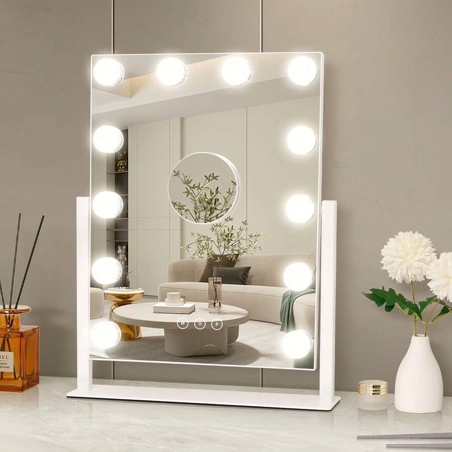 Vanity Mirror With Lights, Lighted Makeup Mirror,12 Dimmable LED Lights Luxury Makeup Mirror Smart Touch Control, 3 Color Lighting Modes, Detachable 5X Magnification, 360°Rotation(White) - Đèn LED trắng 12 bóng có thể điều chỉnh độ sáng - Xem 1