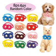 6pcs/8pcs Random Color Pet Flower Bow Tie Collar, Classic Double Flower Pearlescent & Rhinestone Decor Adjustable Neck Collar For Small/Medium Pets