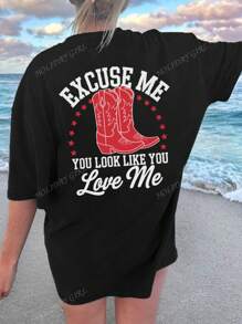 Women's Plus Size Summer Casual Resort Colorful Lettering Simple Boots Alphabet Print Pattern Crew Neck T-Shirt Fashionable Versatile Girl. Graphic T-Shirt Women's White Plus Size Top