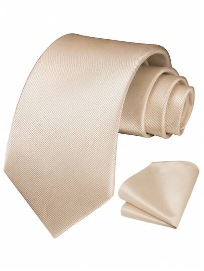 1 Set Men's 3.15 Inch Champagne Colored Ribbed Necktie & Pocket Square, Wedding Party Groom Tie Suit Men Necktie