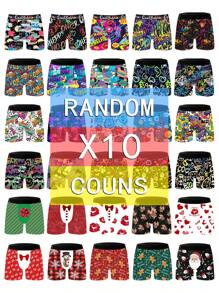 10 Pieces Of Random Graffiti And Christmas Style Underwear, Men's Classic Boxer Briefs Set With Snowman, Reindeer And Santa Claus Patterns, Comfortable And Soft, Close-Fitting Skin-Friendly Underwear Suitable For Christmas Gifts