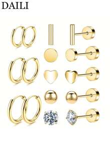 DAILI Set de 8 pares de pendientes dorados para mujer con múltiples perforaciones, de acero inoxidable y titanio, diseños con puntos, bolas, ópalo y circonita cúbica, calibre 20, conjunto de pendientes con aro y de botón con respaldo plano, aptos para pieles sensibles