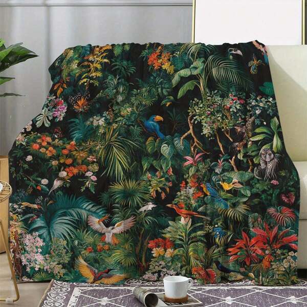 1 pieza Manta de franela con estampado de animal de selva tropical - Escena de la selva tropical vibrante con tucán, loro y flores exóticas, suave y cómoda para sofá, cama, coche, oficina, camping, viaje - Manta de regalo de todas las estaciones, liviana y cálida, manta suave de poliéster con estampado de selva exuberante, decoración con tema de la selva