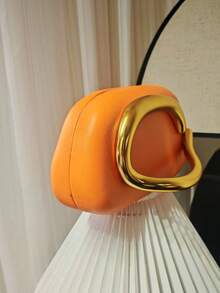 Bolsa clutch laranja, bolsa feminina para festa noturna, bolsa redonda em formato de caixa, mini bolsa vintage com alça de metal e corrente, versátil - Laranja - Ver 4