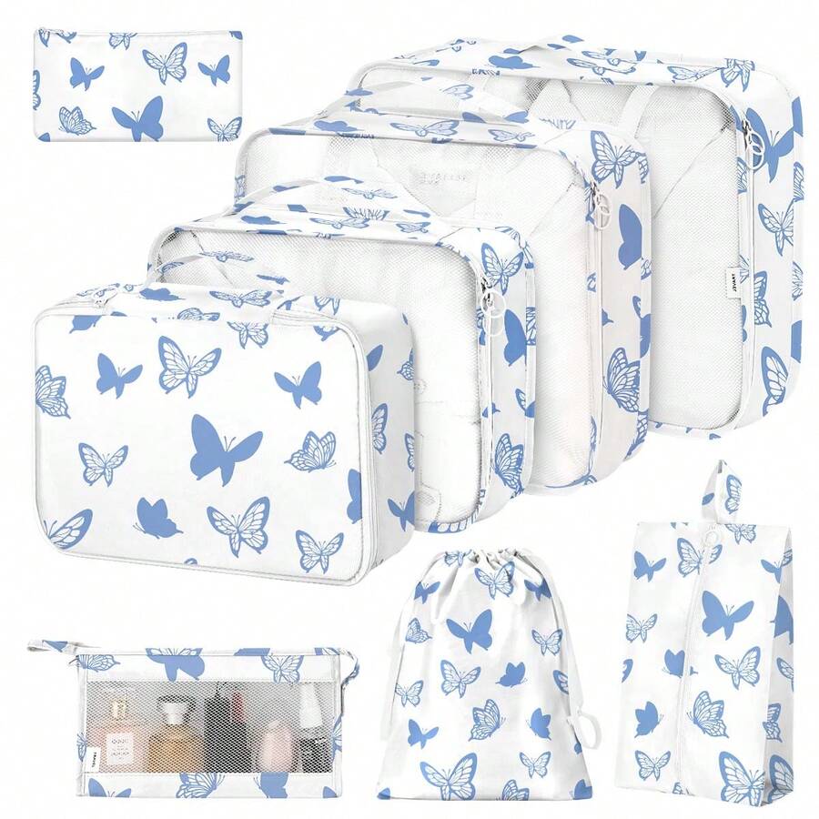 Packing Cubes For Suitcases,Packing Cubes With Shoe Bag, Cosmetics Bag, Clothing Bag, Accessories Bags Packing Cubes For Travel Luggage Organizer Women Men - 8件套藍色蝴蝶 - 查看 1