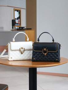 Fashionable 2025 Women's Bag, Chic & Versatile Commuter Ladies' Rhombus Embroidered Handbag With Clasp, High-End Boxy Design, Unique Shoulder/Crossbody Bag - Multicolor - View 10