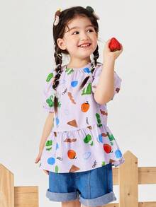 mini bala Girls' Puff Sleeve Blouse – Soft Sweet Baby Shirt, Summer New Arrival, Breathable Top - Purple Green Hue - View 2