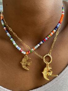 手工彩色串珠项链，配不锈钢燕子吊坠