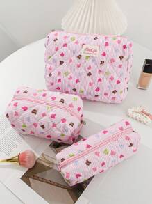 1 Peça/Conjunto Bolsa de Maquiagem com Estampa Fofa de Urso Colorido, Bolsa de Higiene Pessoal de Grande Capacidade com Alça, Bolsa de Embreagem Portátil com Estampa de Listras, Bolsa de Cosméticos Casual Octogonal para Mulheres, Mini Organizador de Pincéis de Maquiagem, Bolsa Pequena de Cosméticos, Essenciais de Viagem para Férias, Volta às Aulas, Bolsa Escolar, Bolsa de Viagem para Mulheres
