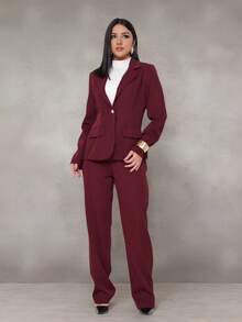 WUUW Women Office Formal Suit Set, Elegant Business Formal Set, 2 Piece Set, Plain/Button/Pocket/Zipper/Office - 酒紅色 - 查看 1