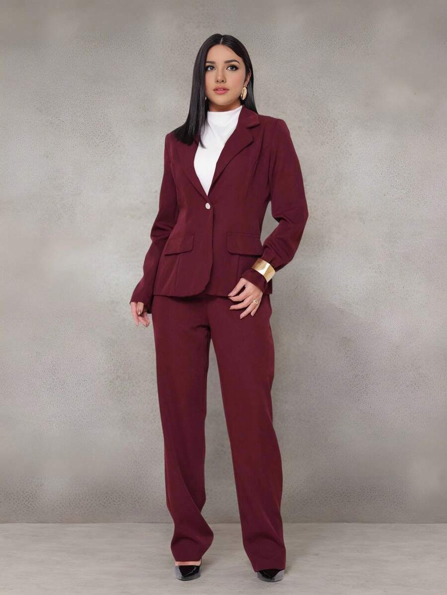 WUUW Women Office Formal Suit Set, Elegant Business Formal Set, 2 Piece Set, Plain/Button/Pocket/Zipper/Office - 酒紅色 - 查看 1